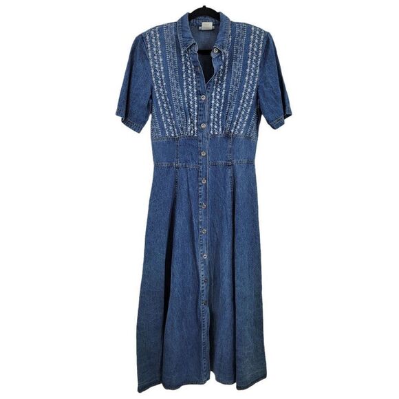 Vtg 80's Dress Embroidered Modest Denim Pinafore Prairie Maxi Pockets Sz S - Picture 6 of 11